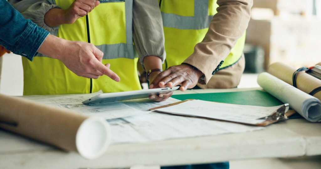 Tablet, architecture and construction worker people planning for engineer collaboration, project de